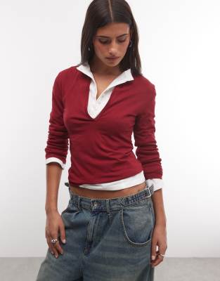 Weekday V-neck Three Quarter Length Sleeve Top In Red