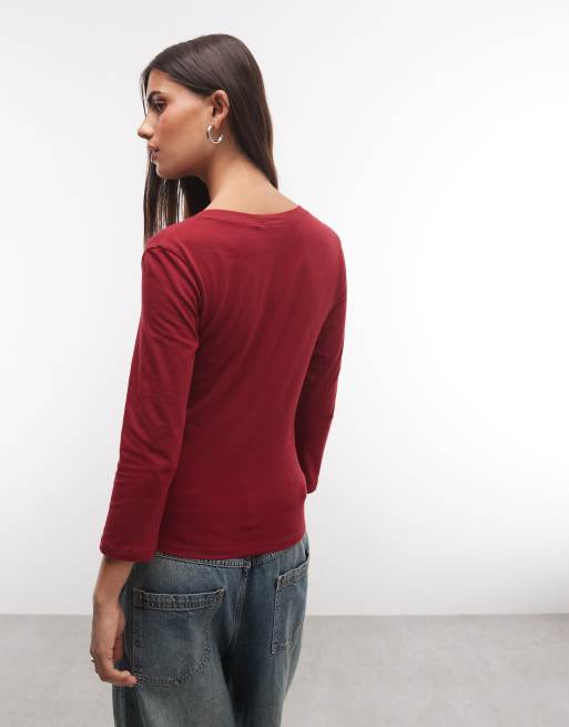 Weekday v-neck three quarter length sleeve top in cherry red, 4 of 4