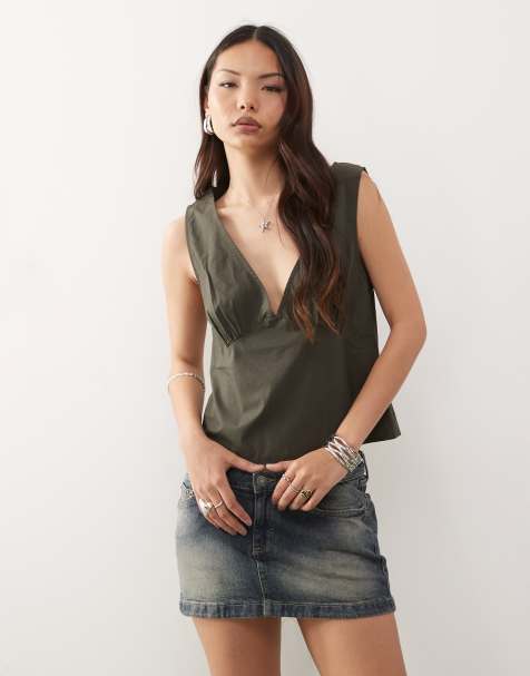 Weekday v neck top in off-black - view 1