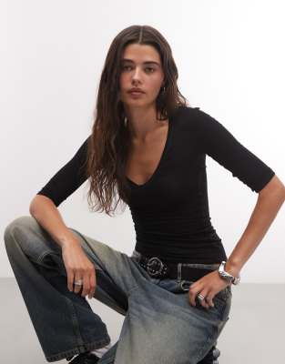 Weekday V Neck Top With 3/4 Length Sleeve In Black