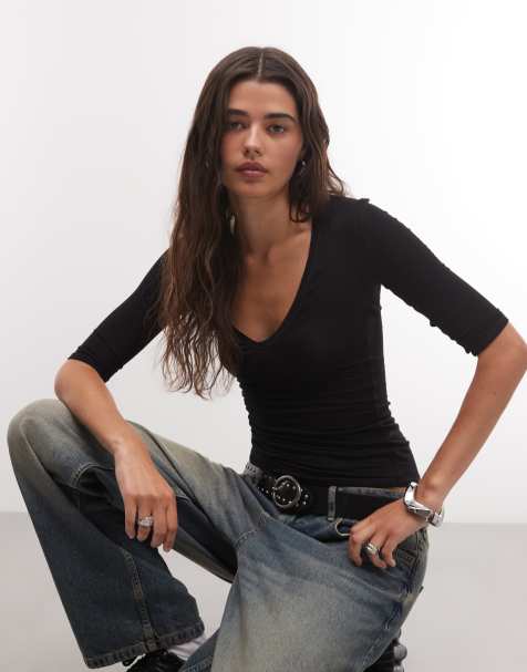Weekday v-neck top with 3/4 length sleeves in black - view 1