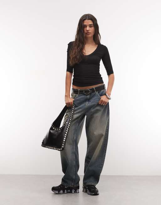 Weekday v-neck top with 3/4 length sleeves in black, 2 of 4