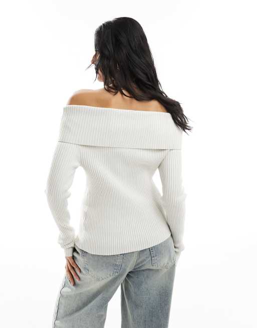 Weekday - Vanna - Offshoulder-cardigan med gennemgående lynlås i råhvid, 4 af 4