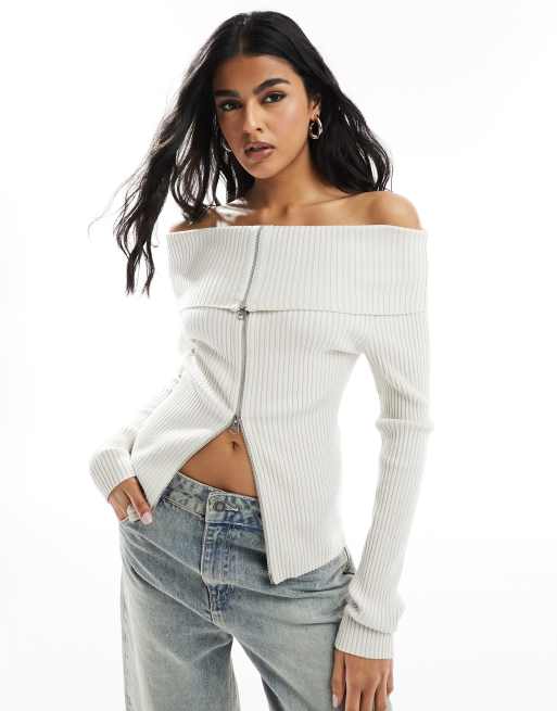 Weekday – Vanna – Schulterfreie Strickjacke in gebrochenem Weiß mit Reißverschluss, 3 von 4