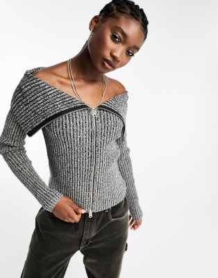 Vanna zip through off the shoulder sweater in gray heather-Black