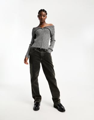 Weekday Vanna Zip Through Off The Shoulder Sweater In Gray