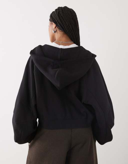 Weekday - Vasket sort oversized cropped hættetrøje med lynlås og flossede kanter, 3 af 4