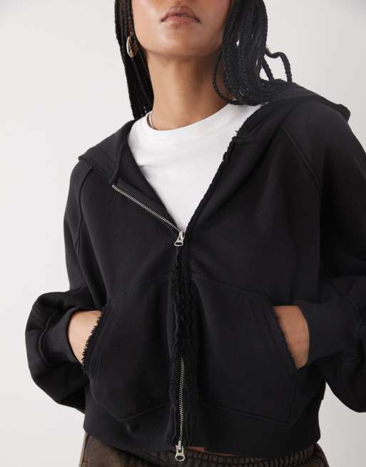 Weekday - Vasket sort oversized cropped hættetrøje med lynlås og flossede kanter, 4 af 4