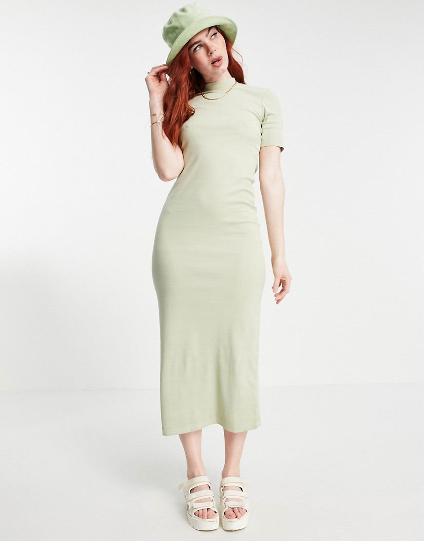 Weekday Vera cotton ribbed midi dress with high neck in sage-Neutral