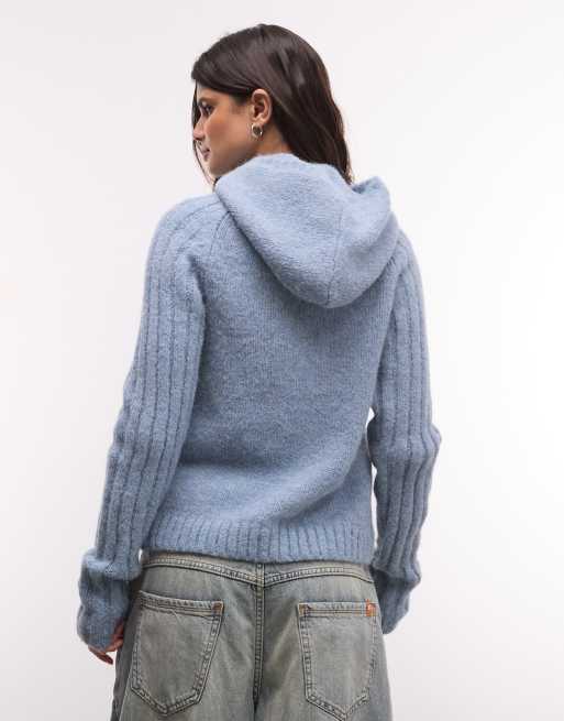 Weekday vest van wolmix met rits en capuchon in blauw gemêleerd, 2 van 4