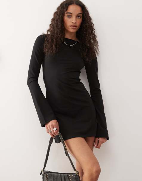 Weekday - Vestito corto a maniche lunghe nero con scollo a barchetta - view 1