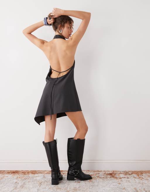Weekday - Vestito corto drappeggiato allacciato al collo nero gessato con schiena scoperta, 2 di 4