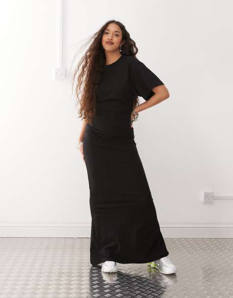 Weekday - Vestito lungo in jersey con arricciature laterali nero - view 1