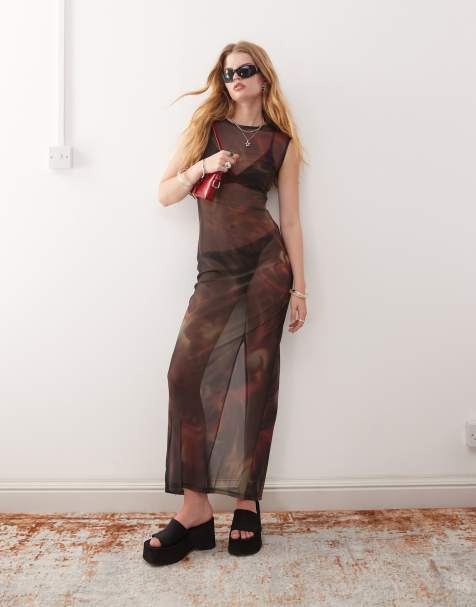 Weekday - Vestito lungo nero in tessuto a rete stampato - view 1