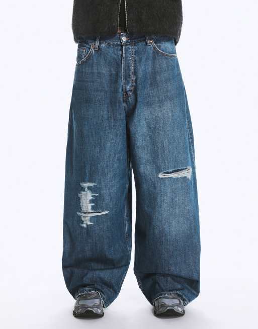 Weekday vida baggy jeans med låg gren och slitna detaljer i blått, 2 av 5