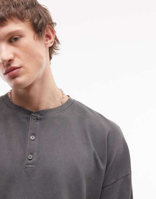 Weekday Vinny henley long sleeve cotton top in grey wash, 3 of 5
