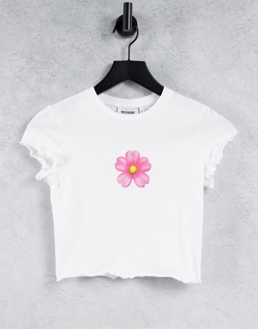 Weekday Viola organic blend cotton flower crop t-shirt with lettuce edge in white