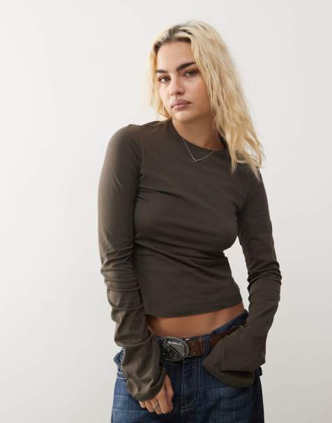 Weekday Violet long bell sleeve top with roll neckline in washed dark mole - view 1