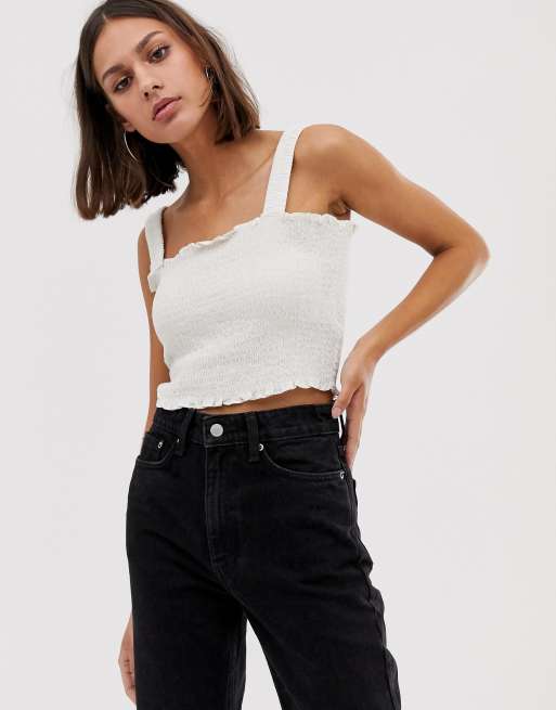 Weekday – Vit smockad crop top med smala axelband