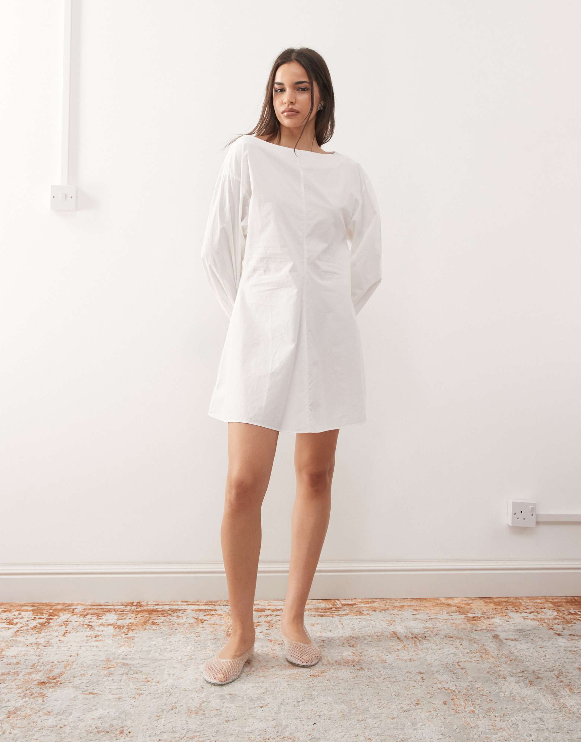 weekday volume long sleeve mini smock dress in white