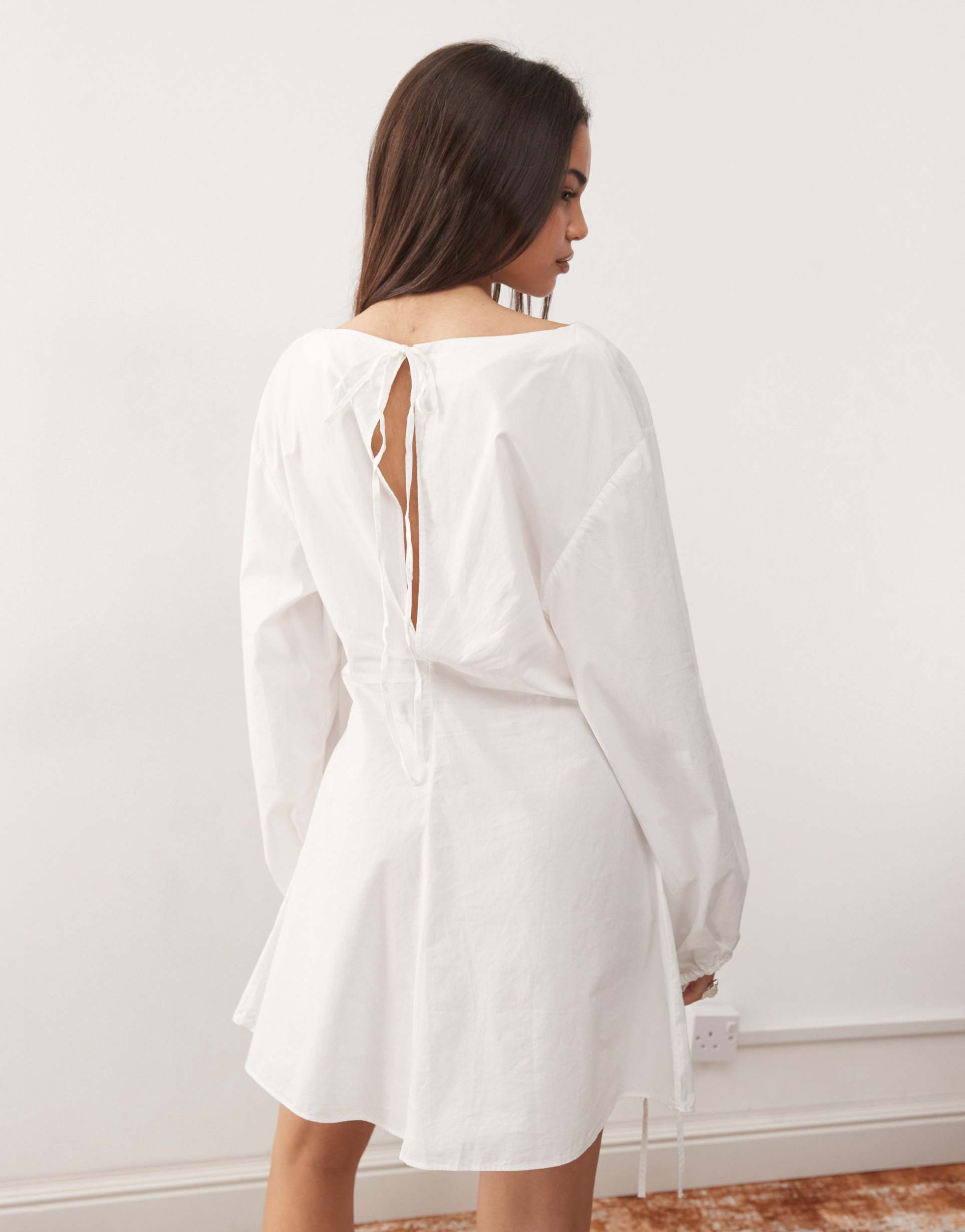 weekday volume long sleeve mini smock dress in white