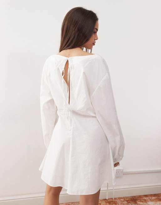 Weekday volume long sleeve mini smock dress in white | ASOS