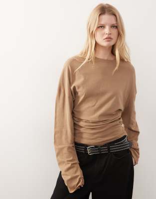 Weekday Volume Long Sleeve Top With Cinched Gathered Waist In Neutral