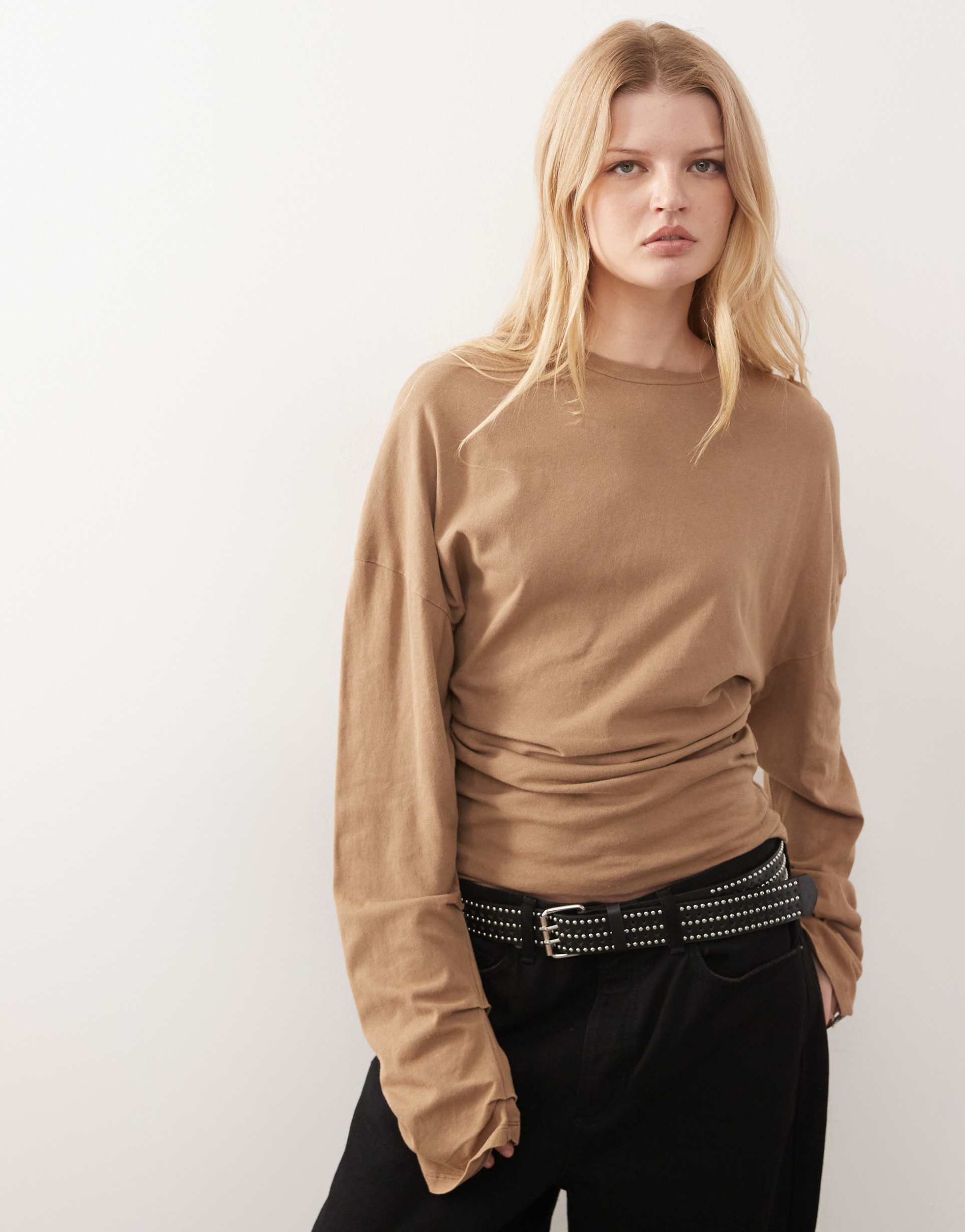 weekday volume long sleeve top with cinched gathered waist in camel