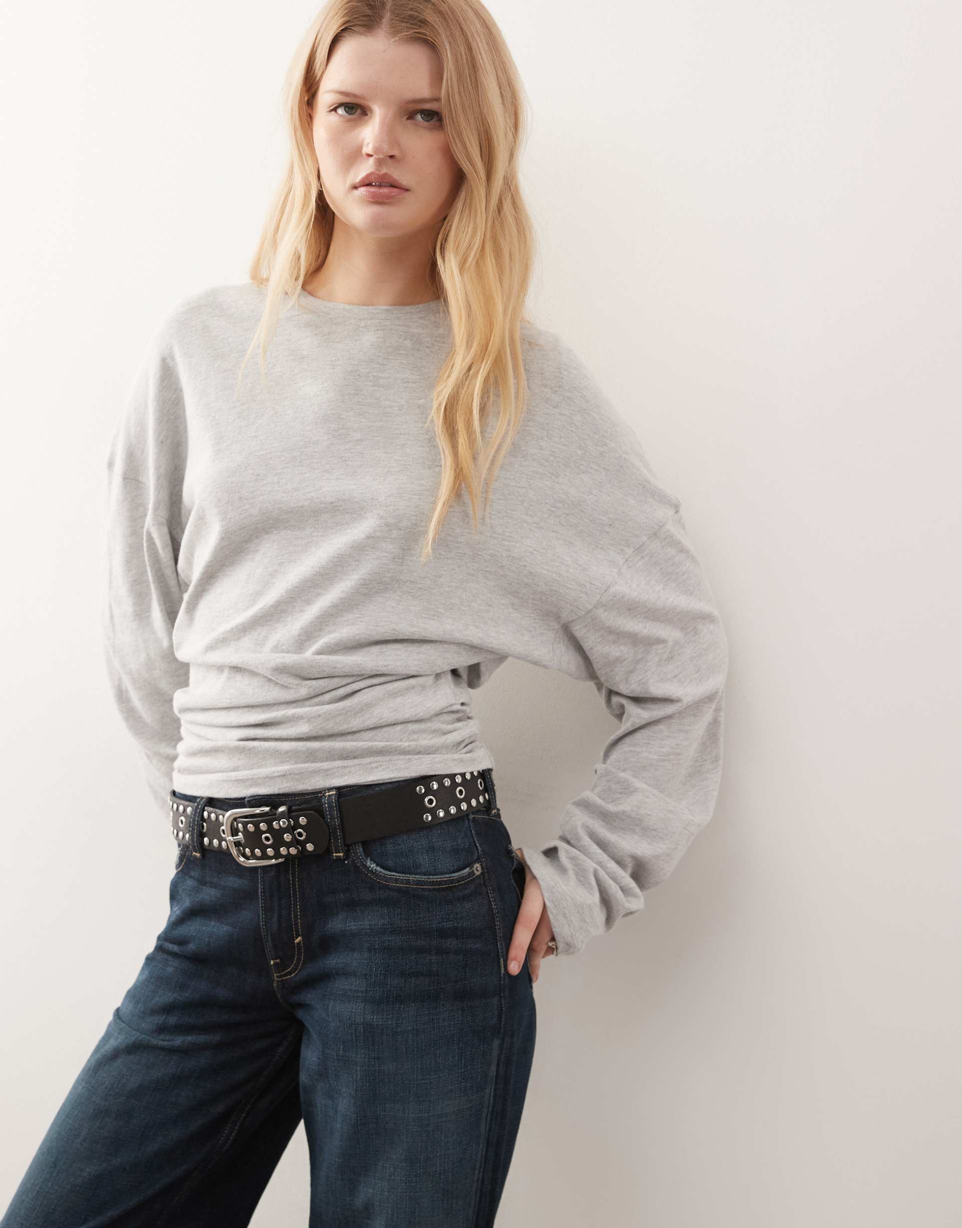 weekday volume long sleeve top with cinched gathered waist in gray melange