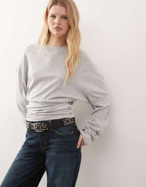 Weekday volume long sleeve top with cinched gathered waist in grey melange - view 1