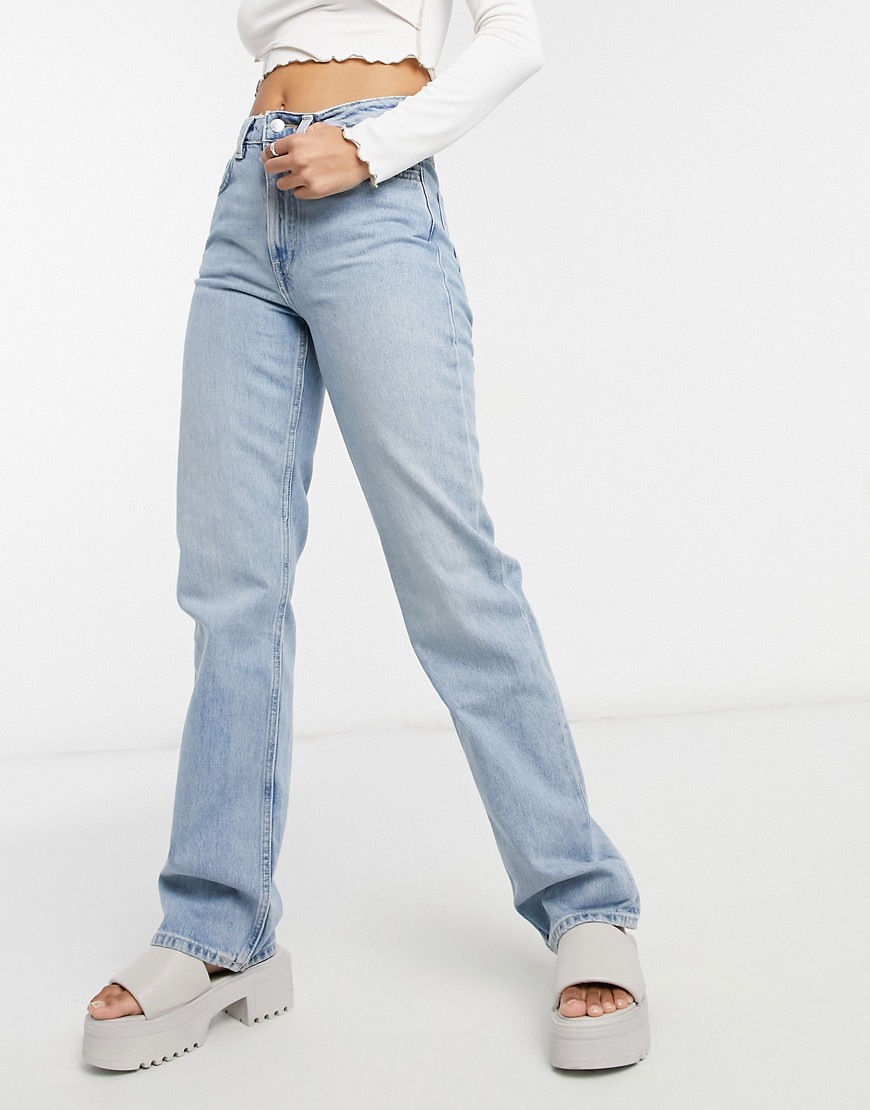 Weekday Voyage cotton high waist straight leg jeans in stone wash blue - MBLUE
