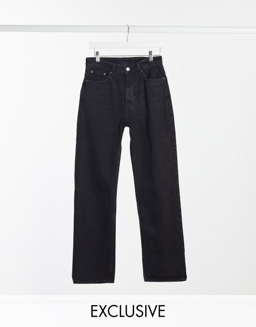 Weekday - Voyage - Katoenen jeans met hoge taille, rechte pijpen en knopen voor in zwart - BLACK