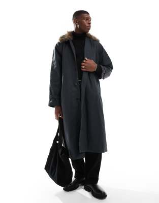 Weekday Wade Oversized Trench Coat With Faux Fur Collar In Black