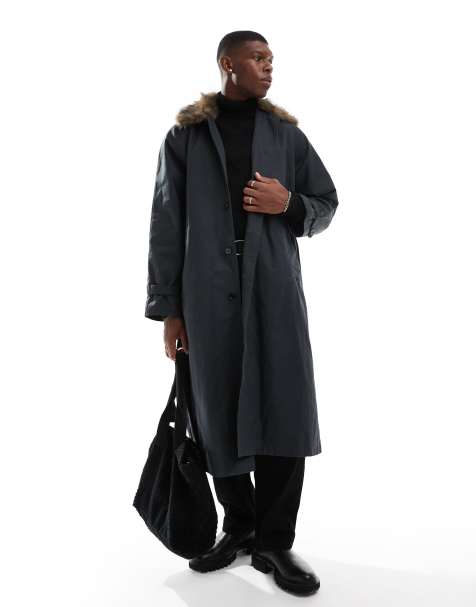 Weekday - Wade - Trench oversize nero sbiadito con colletto in pelliccia sintetica - view 1