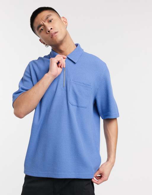 Weekday waffle half zip t-shirt in blue