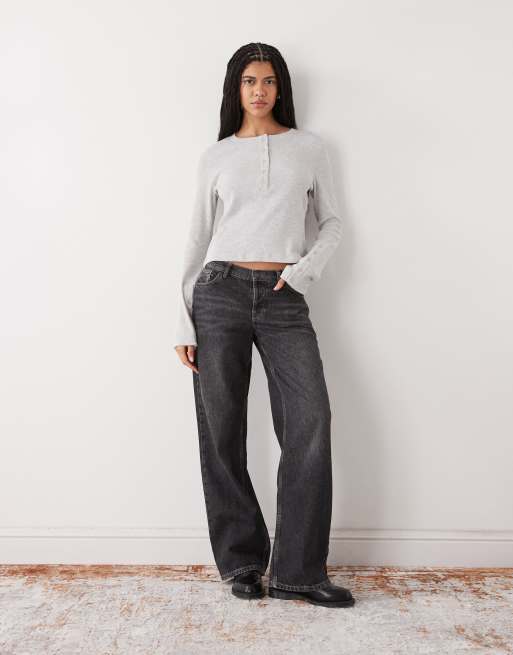 Weekday waffle Henley long sleeve top in gray melange, 3 of 4