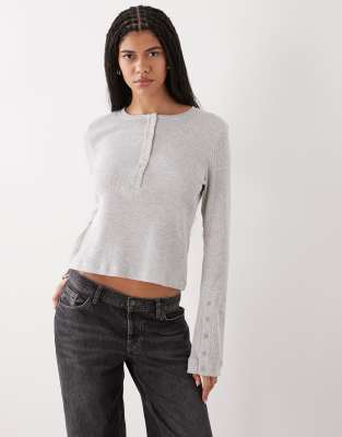 Weekday waffle henley long sleeve top in grey melange