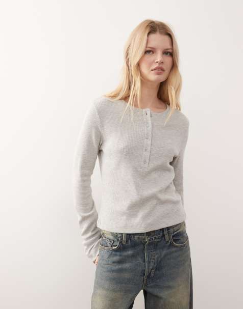 Weekday waffle henley long sleeve top in grey melange - view 1