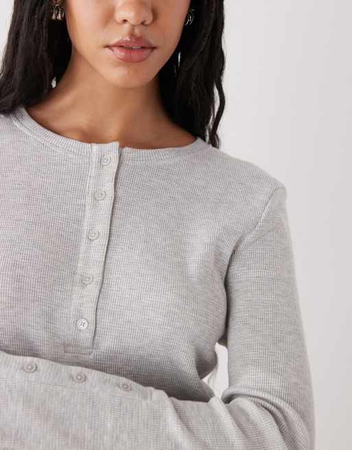 Weekday waffle henley long sleeve top in grey melange, 2 of 4