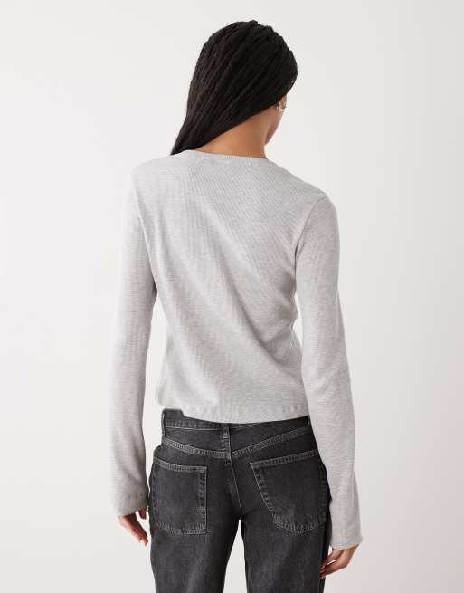 Weekday waffle henley long sleeve top in grey melange, 4 of 4