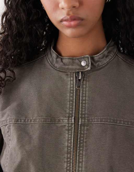 Weekday washed canvas zip through jacket in khaki, 2 of 4