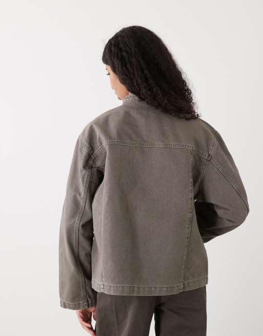 Weekday washed canvas zip through jacket in khaki, 3 of 4