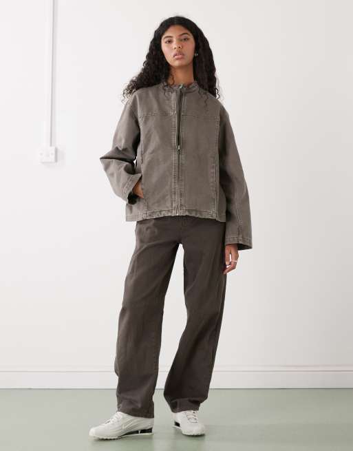 Weekday washed canvas zip through jacket in khaki, 4 of 4