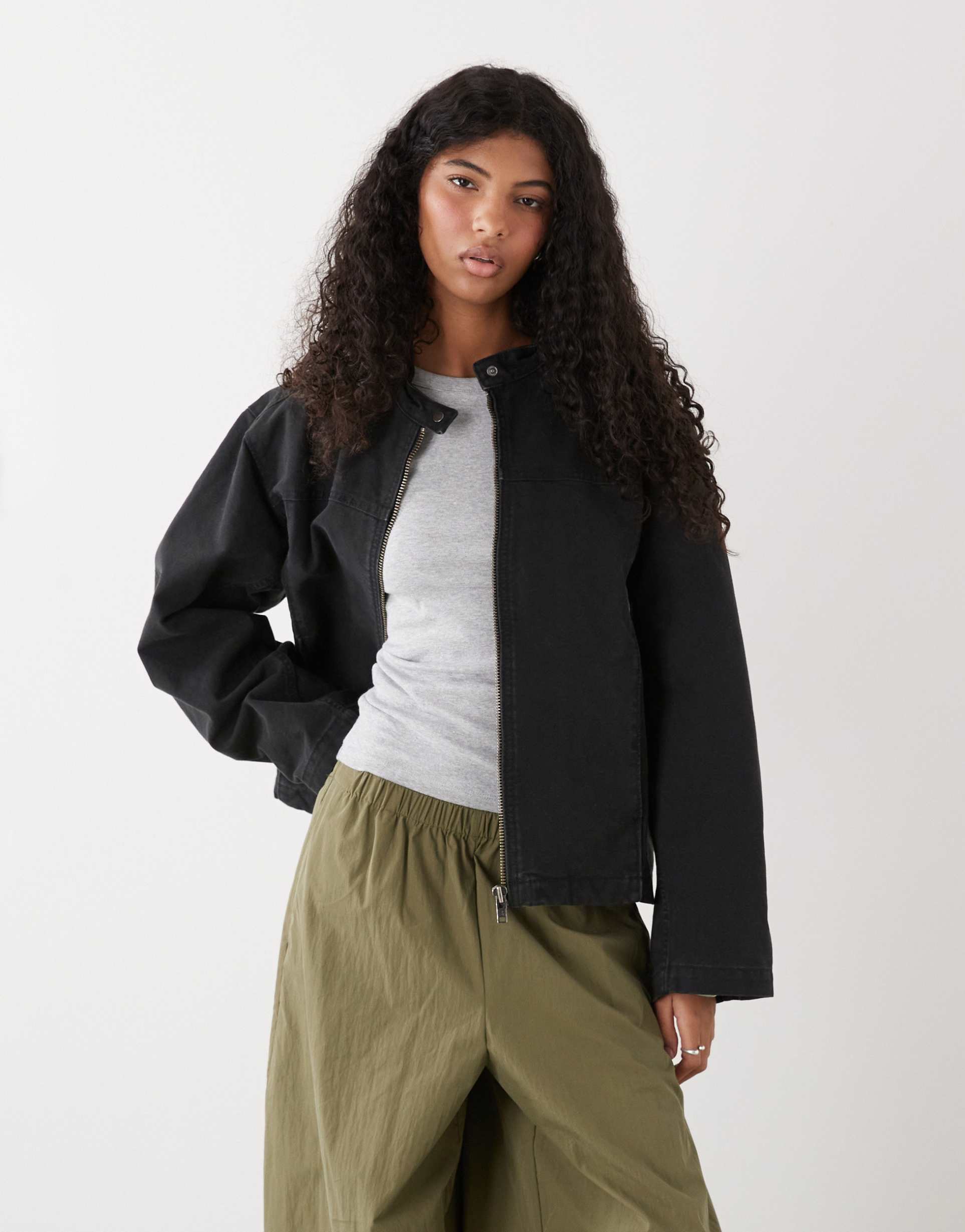 weekday washed canvas zip up jacket in black