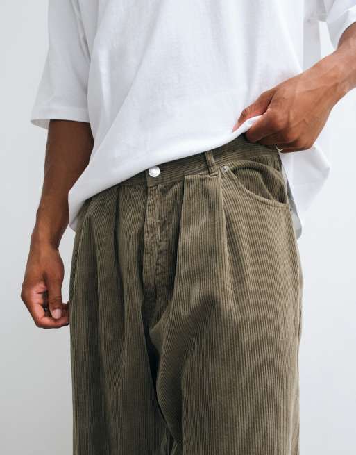 Weekday weite Cordhose mit Bügelfalte vorn in Khaki, 3 von 5