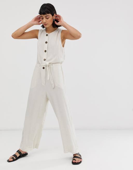 Weekday Weitgeschnittener Jumpsuit in hellem Beige mit Bindeband und Knopfleiste ASOS