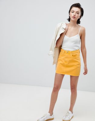 yellow denim mini skirt