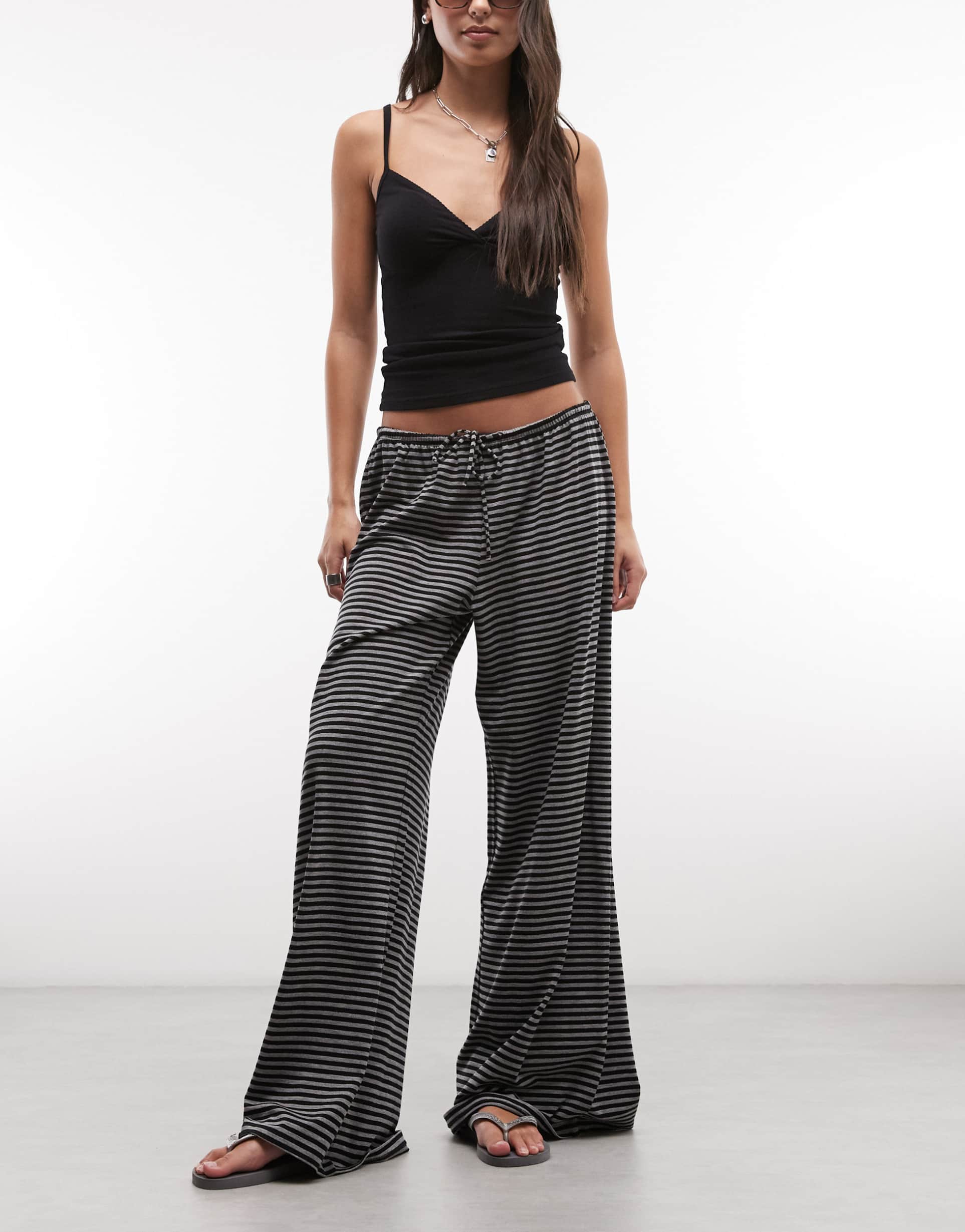weekday wide leg drape pants in black and gray stripes