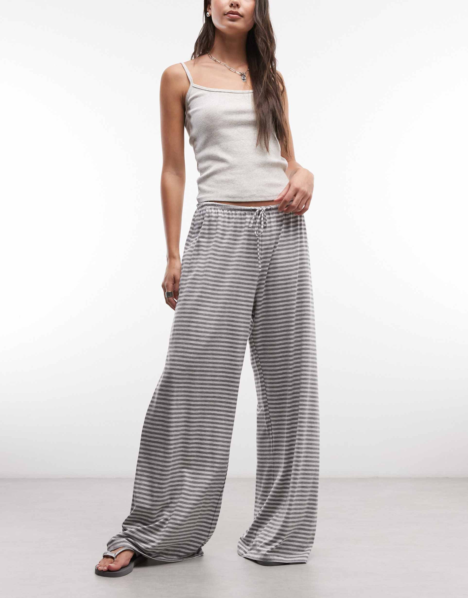 weekday wide leg drape pants in heathered gray stripes