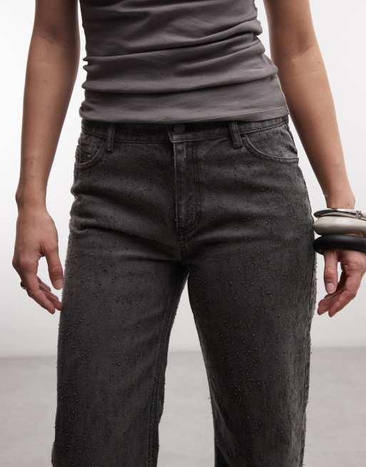 Weekday wide leg flare trousers with texture detail in dark grey wash, 4 of 5